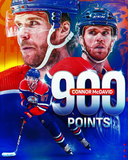 Player cutouts of Connor McDavid in an Oilers uniform. In large white text reads, "900 points". Overlaid on top of that in white text on an orange rectangle reads, "Connor McDavid".