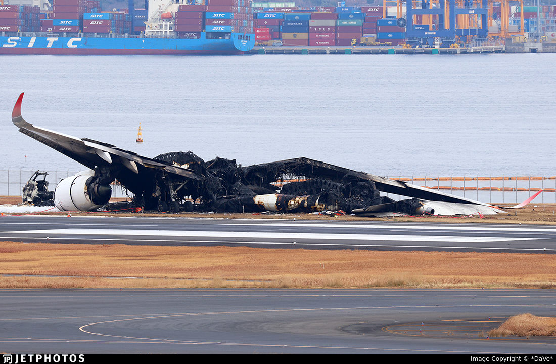 What remains of Japan Airlines A350 JA13XJ the morning after it
