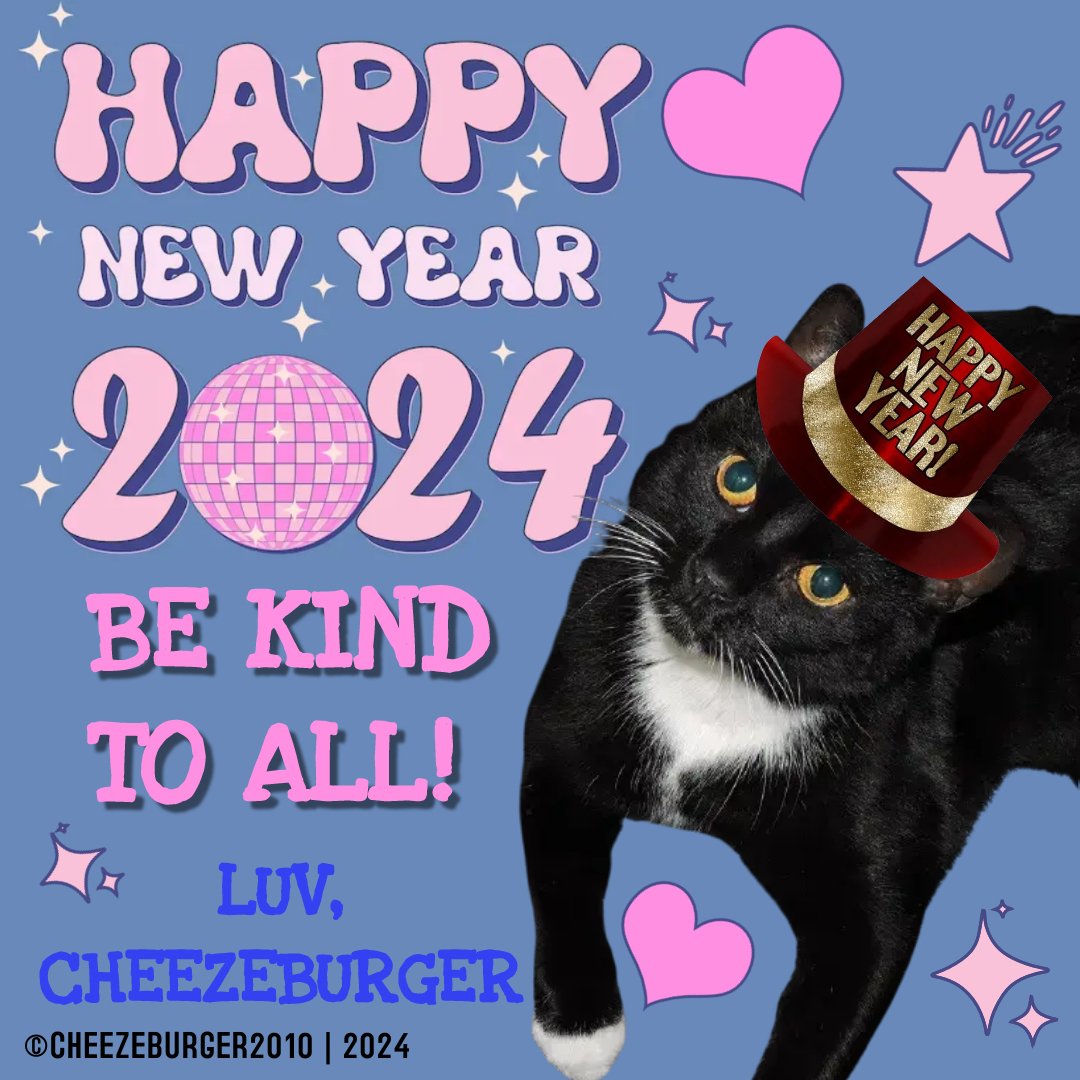 CatCheezeburger's tweet photo. Wishin' awl my Palz a Happy New! Luv, Cheezeburger โฅ๏ธ๐๐โโฌโฅ๏ธ #cheezeburger #cat #cats #catsoftwitter #catoftheday #tuxedocat #tuxedocatsoftwitter #CheezeburgerTheCat #happynewyear #MeowMonday https://t.co/NXVi1e2XrA