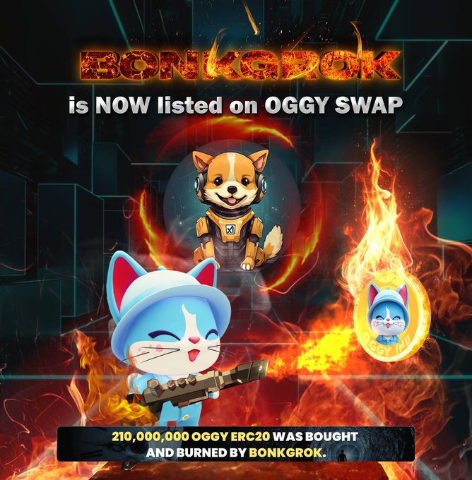 $BONKGROK NEWLISTING   $BONKGROK listed & Partner Service at #OGGYSwap.  #OggySwap swap.oggyinu.com - Automatic burner manufactured by #OggyInuLTD #OggySwap - 0,2% fee burning your supply while trading.  Happy to announce this OggySwap listing.