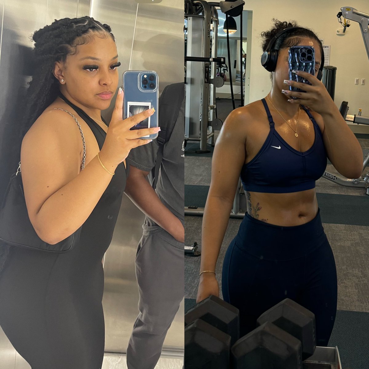 I remember being so close to getting surgery I had 0 motivation to literally do anything & living in Houston I was eating & drinking like crazy. I started my journey in June 2023 & haven’t stopped going hard since. So heres a little side by side 215lb vs 174lb 2024=grind time🖤