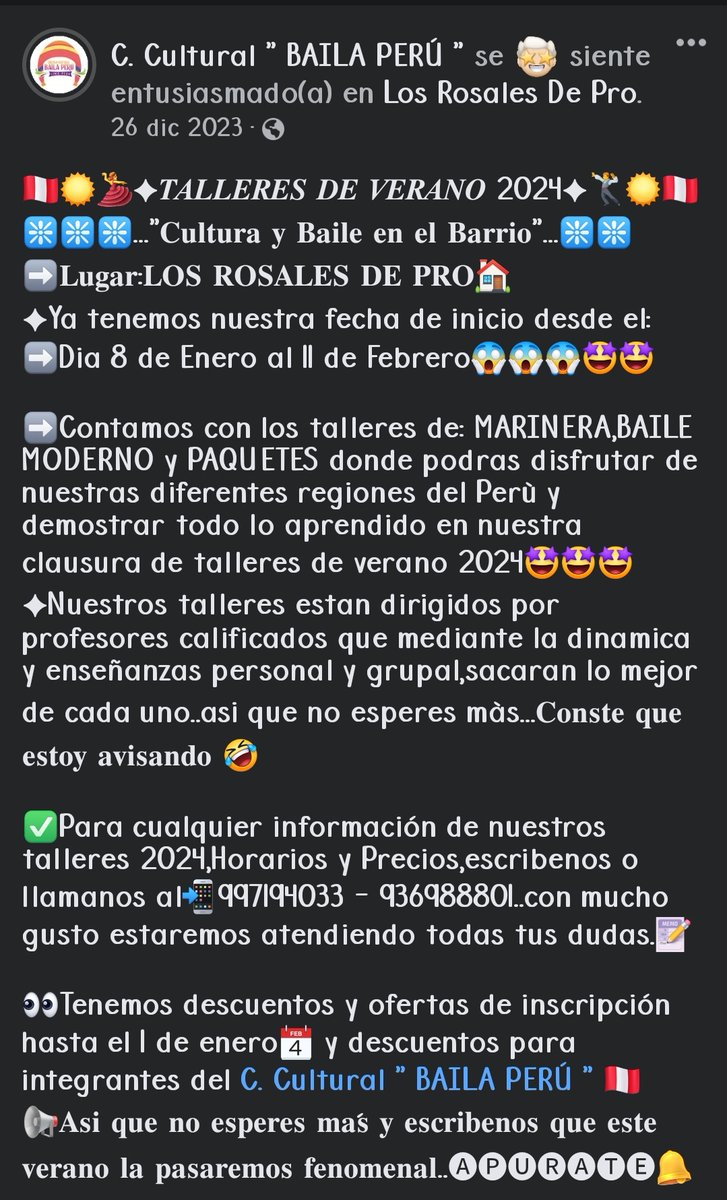 Maya4S15's tweet photo. 🇵🇪☀️💃✦𝑻𝑨𝑳𝑳𝑬𝑹𝑬𝑺 𝑫𝑬 𝑽𝑬𝑹𝑨𝑵𝑶 2024✦🕺☀️🇵🇪
❇️❇️❇️..."𝐂𝐮𝐥𝐭𝐮𝐫𝐚 𝐲 𝐁𝐚𝐢𝐥𝐞 𝐞𝐧 𝐞𝐥 𝐁𝐚𝐫𝐫𝐢𝐨"...❇️❇️
➡️𝐋𝐮𝐠𝐚𝐫:𝐋𝐎𝐒 𝐑𝐎𝐒𝐀𝐋𝐄𝐒 𝐃𝐄 𝐏𝐑𝐎🏠
✦Ya tenemos nuestra fecha de inicio desde el:
➡️Dia 8 de Enero al 11 de Febrero😱😱😱🤩🤩 https://t.co/hxJbBkd4oT
