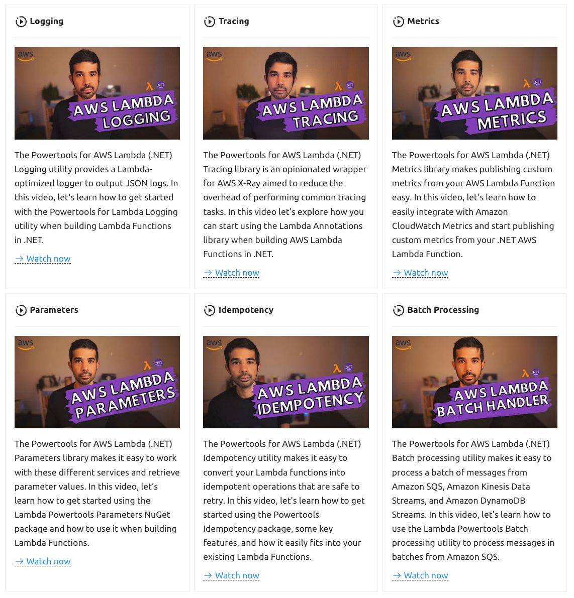 The Powertools for #AWSLambda (#dotnet) "We Made This " community contributions docs got an upgrade today with all of <a href="/rahulpnath/">Rahul Nath</a>'s videos and workshops to get you started. Remember, if you have content to share, let us know! (buff.ly/3TGIDa0)  🙏 buff.ly/3TJh2VC
