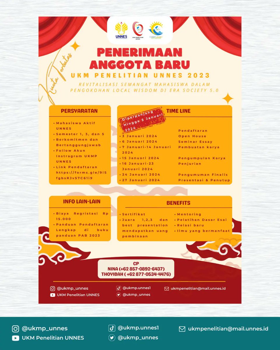 ukmp_unnes's tweet photo. Halo, Pianer's👋

Ada kabar baik, nih! Karena banyak yang kelewatan buat daftar dan peminatnya masih banyak, jadi untuk pendaftaran keanggotaan UKM Penelitian kami *PERPANJANG HINGGA TANGGAL 5 JANUARI 2024* 

#PABUKMP2023
#UKMPUNNES
#SahabatPrestatifSolusiKreatif https://t.co/aodZBGRa1N