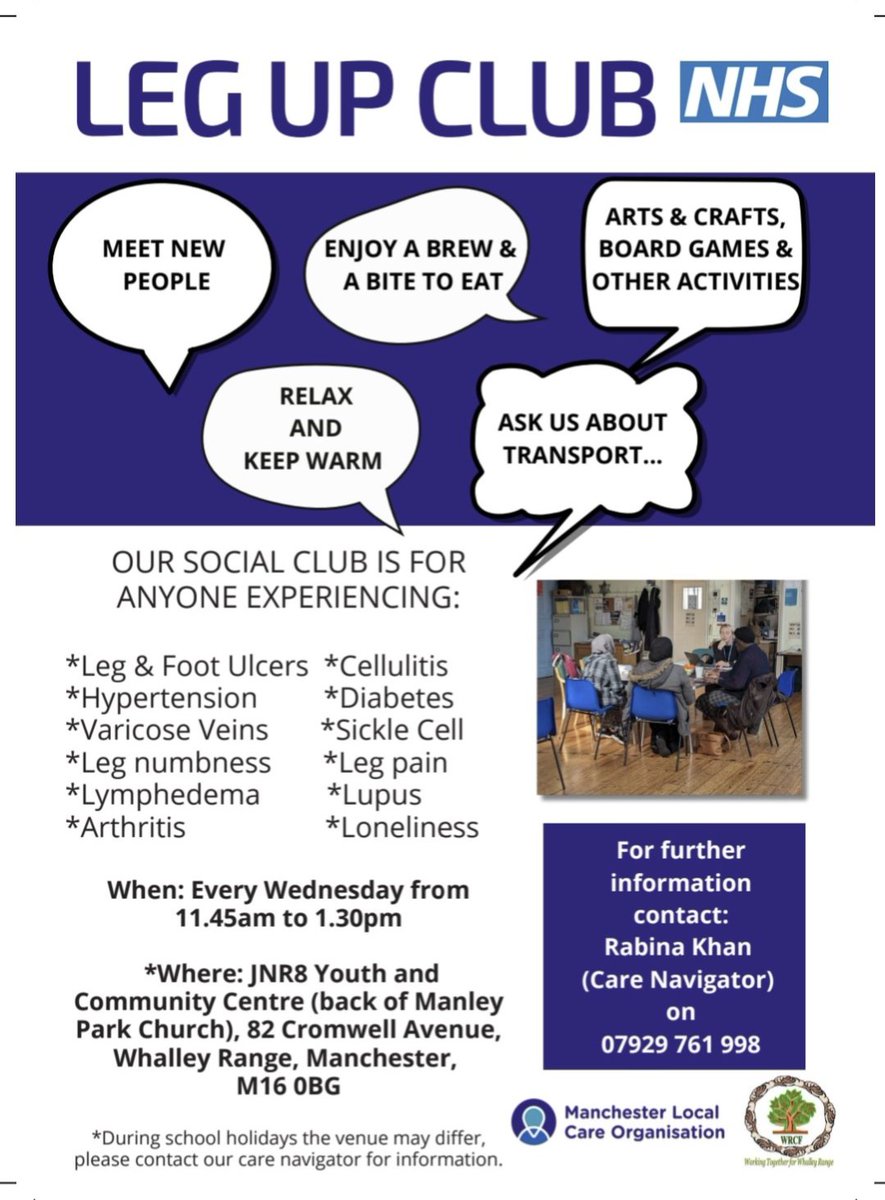 cwrfint's tweet photo. We are welcoming you back to Leg Up Club today after the festive break. 11.45am to 1.30pm at JNR8 Youth &amp; Community Centre, 82 Cromwell Avenue, Whalley Range, M16 0BG. Pop along for some FREE soup &amp; crusty bread and enjoy our warm space and good conversation @WhalleyRangeorg https://t.co/4KR8ZIoFCK