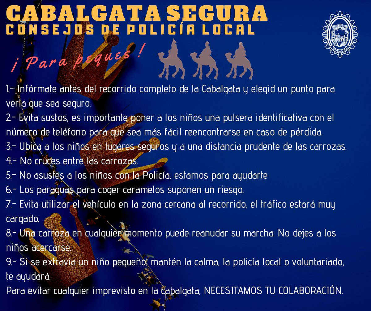 Se aproxima el día de más ilusión para nuestros peques en esta época navideña.
El 5 de enero a partir de las 18:00 h. tendrá lugar la tradicional #Cabalgata de #ReyesMagos2024.
Os dejamos el recorrido y consejos para disfrutar de una Cabalgata segura.