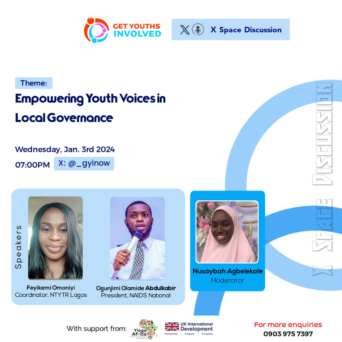 _gyinow's tweet photo. Get Youths Involved with support from Yiaga Africa @YIAGA and Foreign, Commonwealth and Development Office (FCDO) @FCDOGovUK is inviting you to join the first series of its X Space Discussion.

Topic: "Empowering Youth Voices in Local Governance." https://t.co/3F7pYZIjQp