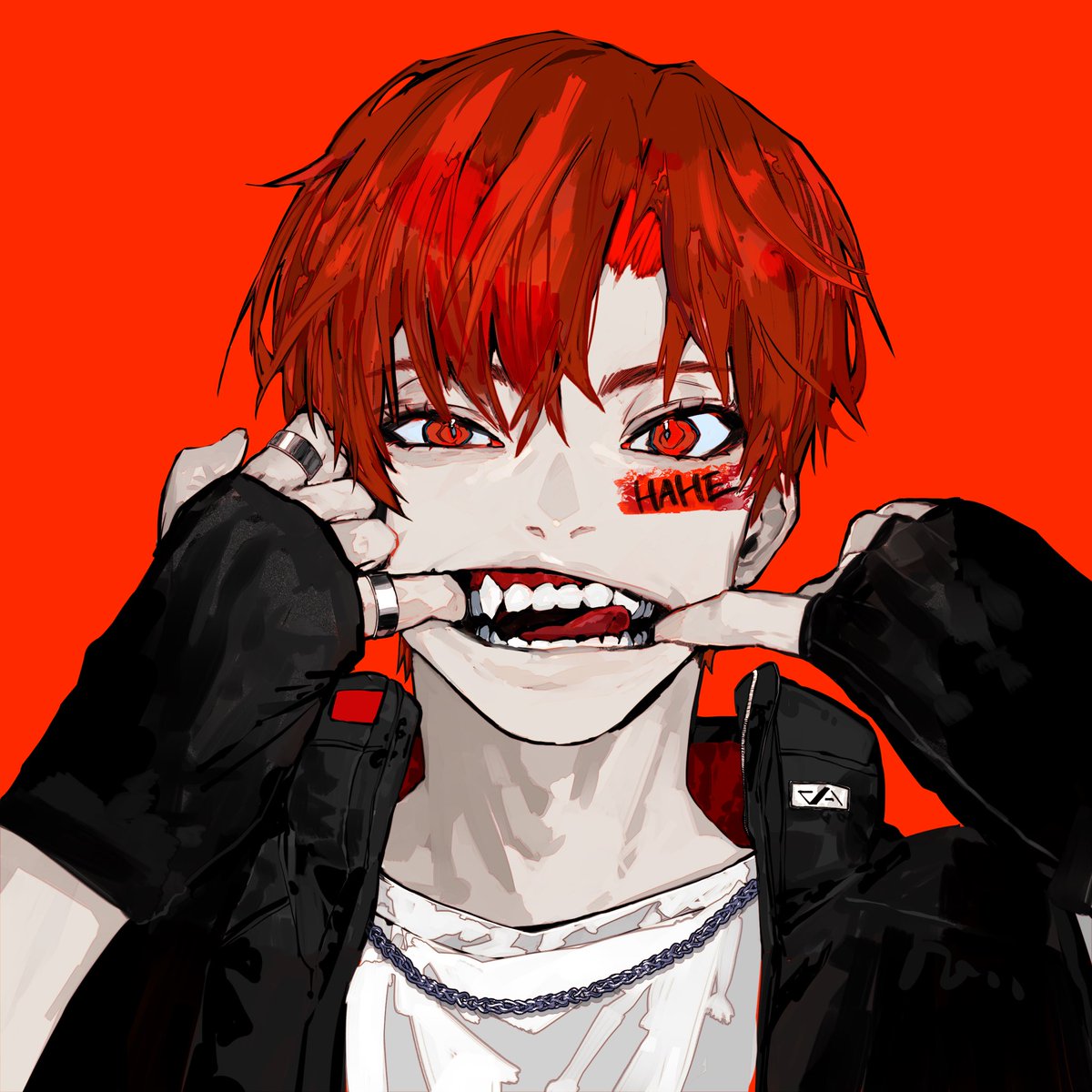 1boy male focus red hair solo red eyes mouth pull jewelry  illustration images