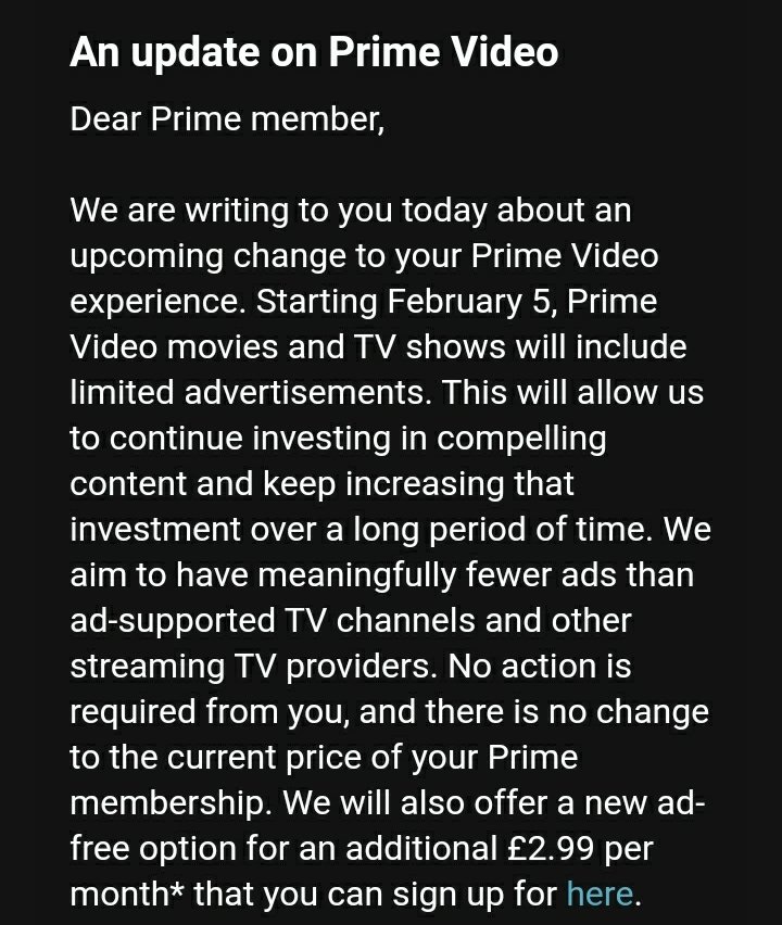 No, #AmazonPrime, I'm not paying an additional £2.99 for a service you've provided for years up to this point. Watch as your profits plummet in 2024 when people start to unsubscribe en masse.