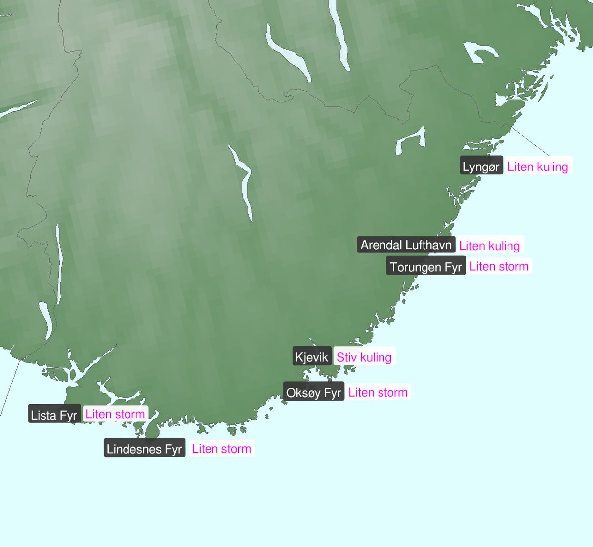 Meteorologene's tweet photo. Kombinasjonen av snø og vind gir fortsatt snøfokk og utfordrende forhold i ytre strøk av Agder ⚠️  Farevarselet gjelder frem til i kveld klokken 19.00. Figuren viser obsert vind i natt  ❄️🌨️ https://t.co/P5QboNV6CW