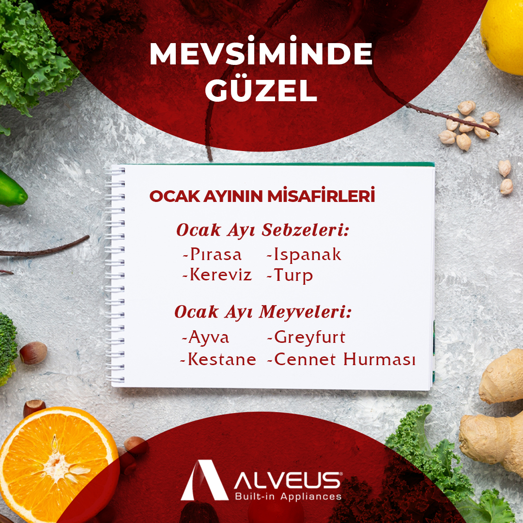 Ocak ayı sebzeleri: Pırasa, ıspanak, kereviz, turp

Ocak ayı meyveleri: Ayva, greyfurt, kestane, cennet hurması

#AlveusAnkastre #Ocak #Kış #Mevim #Mutfak #Pırasa #Ispanak #Sebze #Ayva