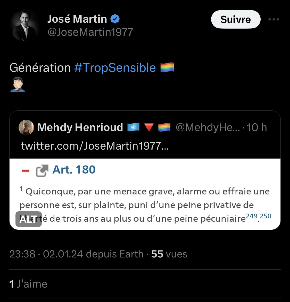 Lorikhysenii's tweet photo. @JoseMartin1977 L’homophobie, monsieur, ne se mesure pas à insulter une personne ou une communauté. Elle se mesure également à la dénigrer et discriminer, à l’opposé à un ordre social établi.
C’est ce que vous faites ici, avec le drapeau LGBT + le #TropSensible https://t.co/zYWY7BTWo7