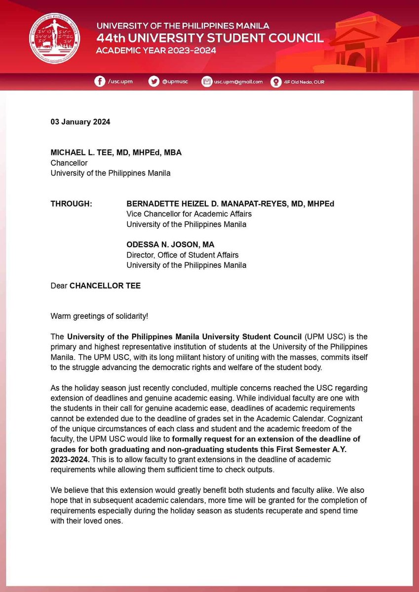 AngTagamasidUPM's tweet photo. READ: The UP Manila University Student Council (UPM USC) addressed a formal letter of request to Chancellor Michael Tee regarding an extension for the deadline of the grades submission for the first semester of Academic Year 2023-2024.

#EducationIsARight
#OneUPM https://t.co/mCO01PioLF