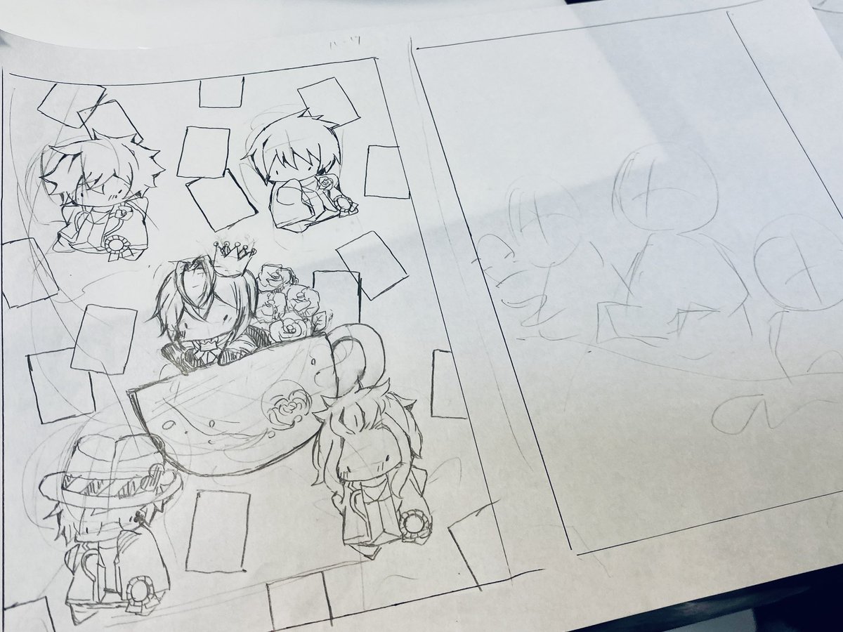 去年の描き納めだったハーツのラフ画と隣はこれからサバナになるラフ画のラフ画。
わたしはラフ画を描くときハーツみたいに何人も描いたりモチーフ色々描く時はキャラクターごと1枚ずつ別紙に描いてひとつのラフ画に纏めてるのですが迷い線がわたしは多いので線画にするときとても見易くなります 