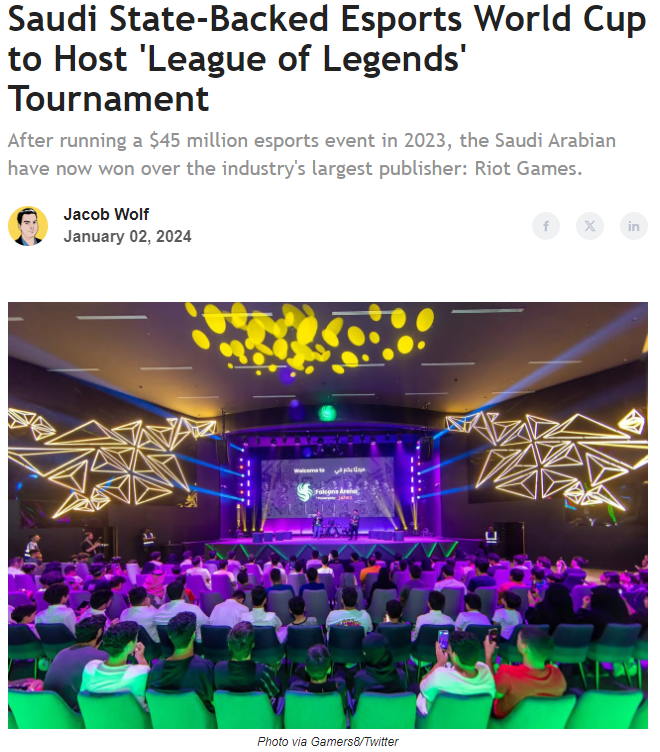 Laut <a href="/JacobWolf/">Jacob Wolf 🐝</a> haben sich Saudi Arabien und Riot Games darauf geeinigt, dass League of Legends ein Teil des "Esports World Cup" in Saudi Arabien sein wird.

Was das bedeutet und wie sehr Saudi Arabien den Esport bereits beherrscht, erkläre ich euch in diesem Thread:
1/12