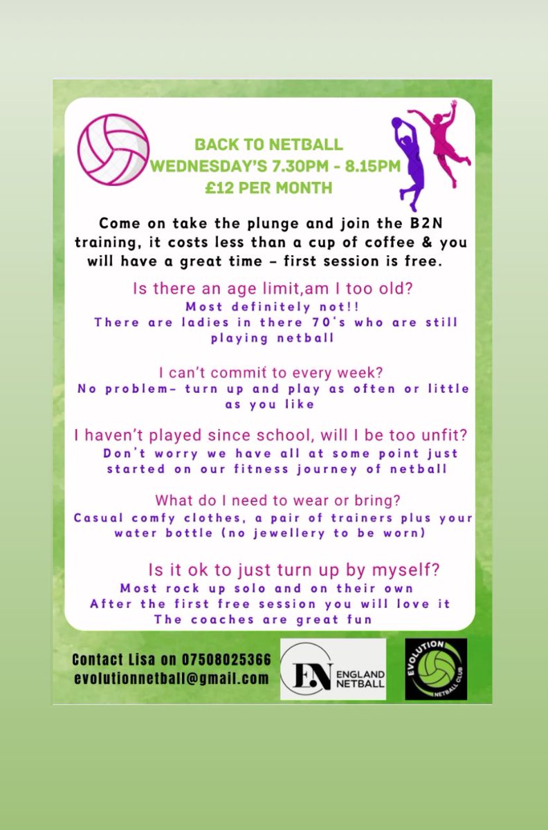 First taster session free 🔥
£12 per month - the price of one bought coffee per week? 
Weekly training every Wednesday evening, such a laugh, Great fun, fitness and friendship 💚💚💚 
Contact us at Evo - all levels from beginners to league players all very much welcome 🙏🏼