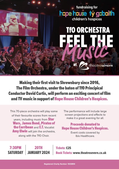 January 20th at <a href="/theatresevern/">theatresevern</a>  #shrewsbury in aid of <a href="/HHTGhospices/">Hope House & Tŷ Gobaith Children's Hospices</a>. Music from Star Wars, Pirates of the Caribbean, E.T., The Greatest Showman, Jaws etc. Vocalist <a href="/AmyElwin/">Amy Elwin</a> will perform music from Lord of the Rings and James Bond.
theatresevern.co.uk/.../whatson/fe…