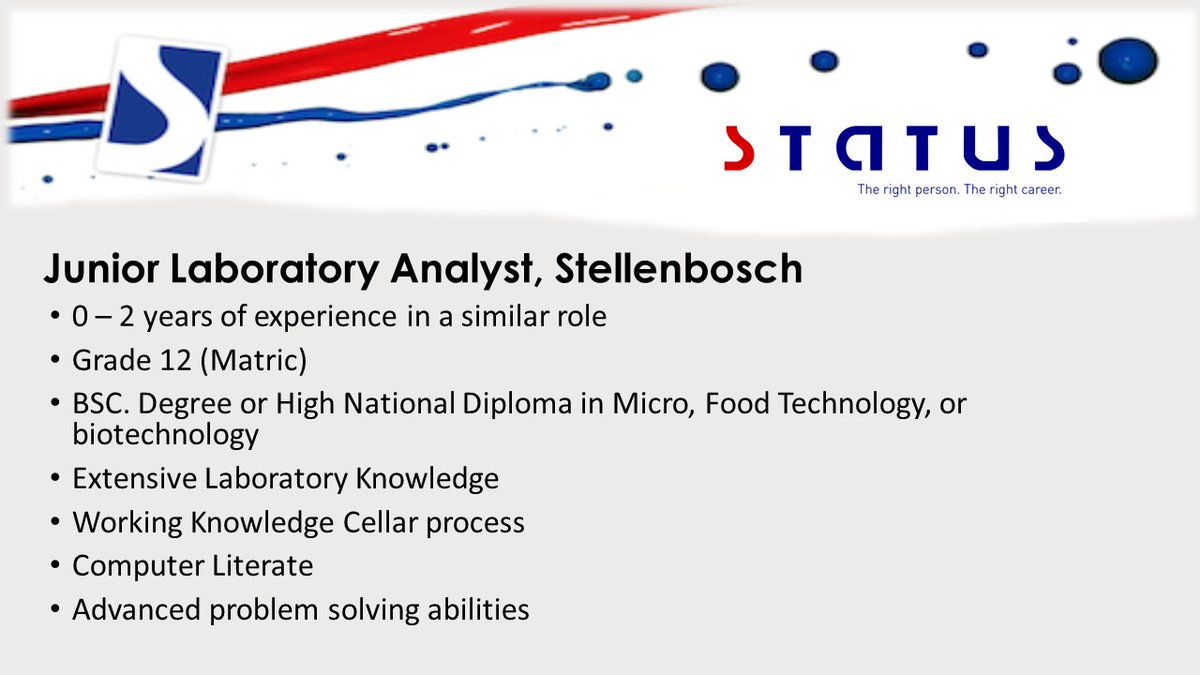 StatusStaffing's tweet image. Junior Laboratory Analyst placementpartner.co.za/wi/vacancy/?id… #statusstaffing #labanalyst #wineindustry #foodtechnology #cellar