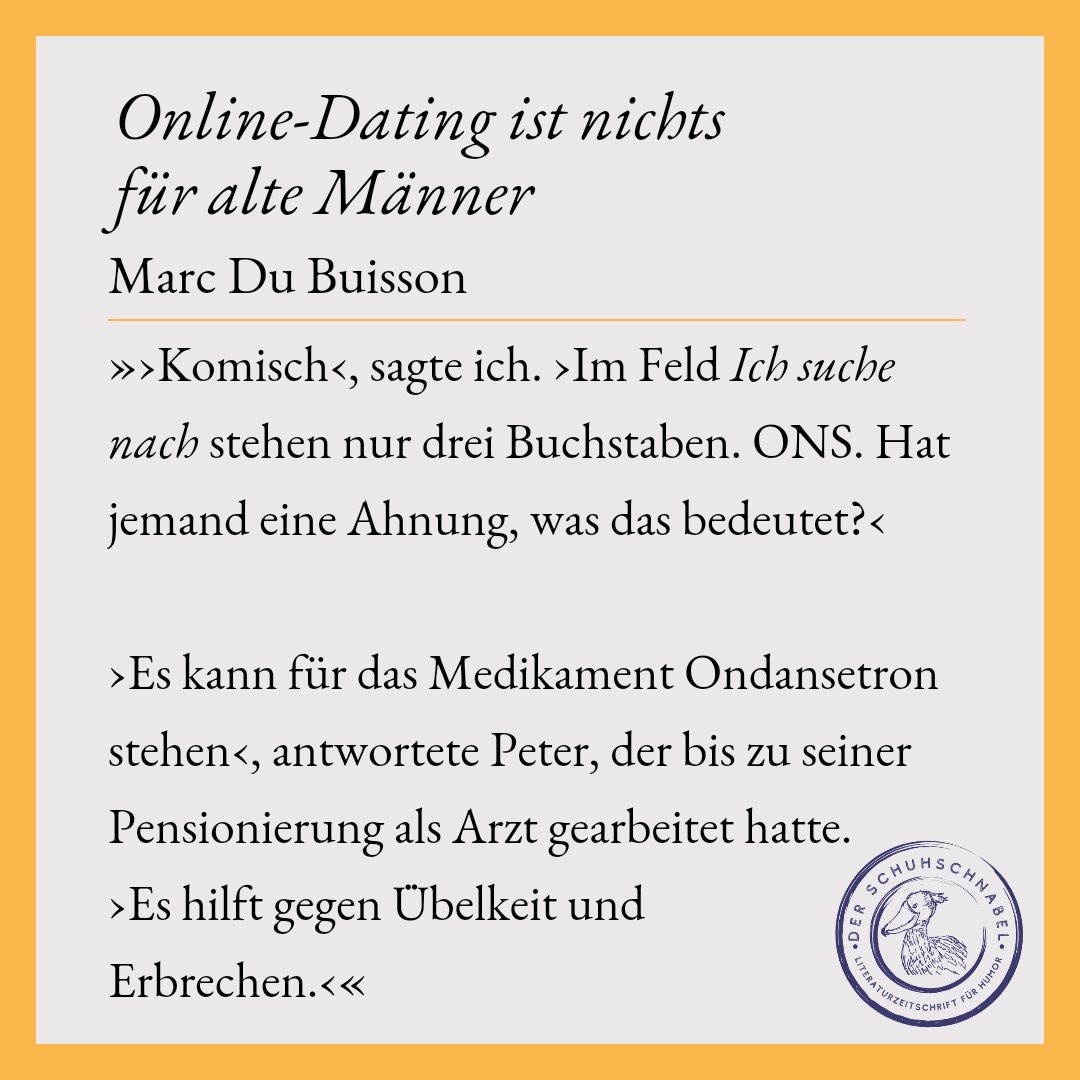 DSchuhschnabel's tweet photo. Während Ritter im Alter nach verlorenen Schwertern suchen, suchen alte alleinstehende Männer heutzutage nach Verabredungen. Online. 

Nicht ganz problemlos, wie wir in Marc Du Buissons Kurzgeschichte "Online-Dating ist nichts für alte Männer" erfahren. https://t.co/y9FdznINma
