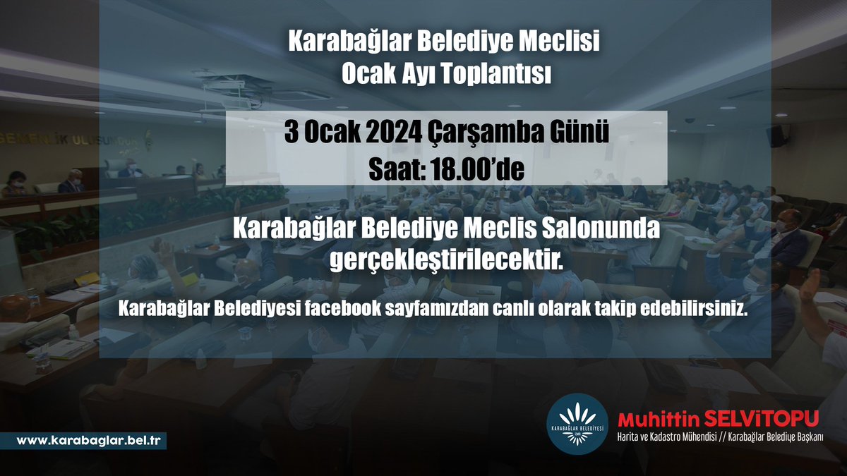 Karabağlar Belediye Meclisi Ocak ayı toplantısı, 03 Ocak 2024 Çarşamba günü (Bugün) Saat: 18.00'de Karabağlar Belediye Meclis Salonunda gerçekleştirilecektir. Karabağlar Belediyesi facebook sayfamızdan canlı olarak takip edebilirsiniz.