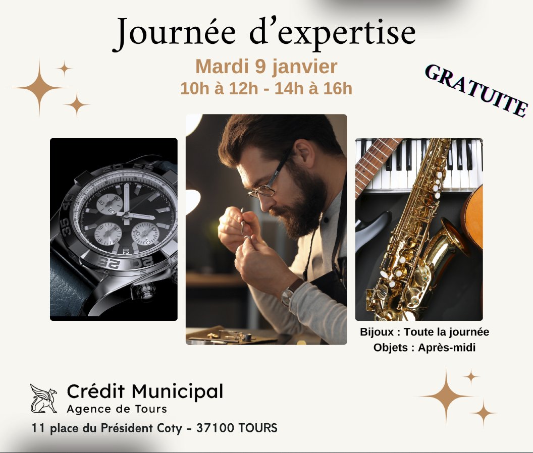 La Prochaine journée d'expertise de l'année 2024 aura lieu à <a href="/villedetours/">Ville de Tours</a>  le mardi 9 janvier. N'hésitez pas à faire venir expertiser gratuitement vos trésors