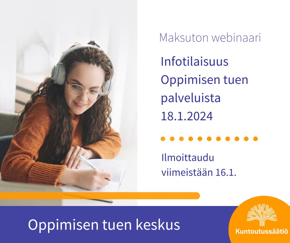Tervetuloa kuulolle!
Kuntoutussäätiön maksuttomista Oppimisen tuen palveluista kerrotaan infotilaisuudessa:
📅 Torstaina 18.1.2024 klo 15-15.30, Teamsin kautta.

Merkkaa kalenteriin ja ilmoittaudu: 👇
oppimisvaikeus.fi/infotilaisuus-… #OppimisenTuki #Oppimisvaikeus <a href="/Kuntoutussaatio/">Kuntoutussäätiö</a>