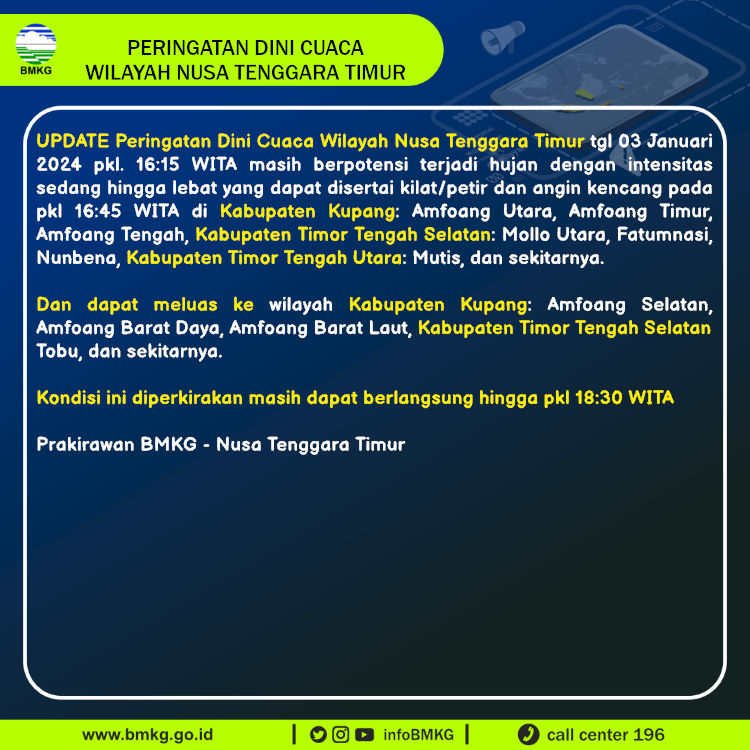 Update Peringatan Dini Cuaca Wilayah - Nusa Tenggara Timur Tgl. 03 Januari 2024 pkl. 16:45 WITA Prakirawan - BMKG - Nusa Tenggara Timur nowcasting.bmkg.go.id/nowcast?kodwil…