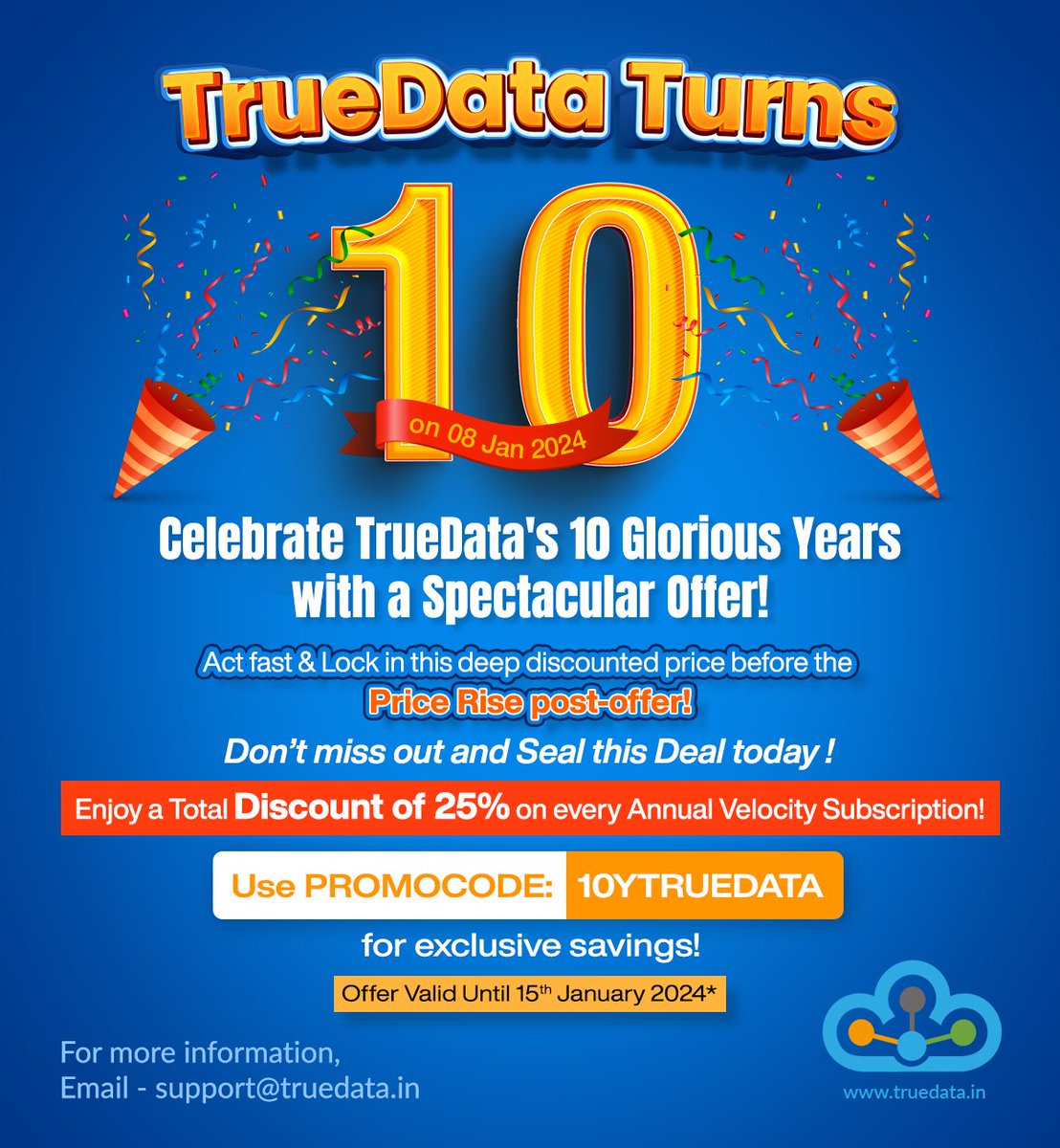 truedata1's tweet photo. 🎉Truedata Turns 10 on 08 January 2024🎉 
✨Celebrate TrueData's 10 Glorious Years with a Spectacular Offer!
For more information Visit: https://t.co/sCALXEEtSE
#truedata #celebration10years #dealtoday #DontMissOut #velocity #realtimedata #DataSoftware #DataPlugin https://t.co/72jmDg8r0t