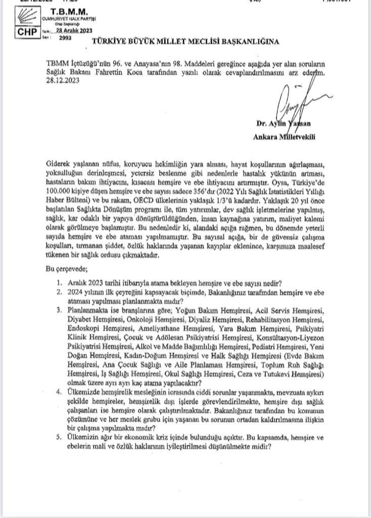 TBMM Başkanlığı’na, Sn <a href="/drfahrettinkoca/">Dr. Fahrettin Koca</a> ‘nın yazılı cevaplandırması dileğiyle, hemşirelerin atama durumunu açıklayan bir soru önergesi sundum. Atanması planlanan hemşirelerin branşlara göre tek tek sayılarını sordum. Branş hemşirelerinin ve bu gruptaki hemşirelerin, görev