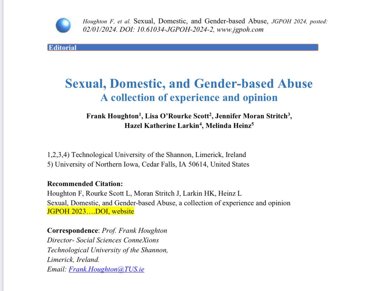 SSCatTUS_ie's tweet photo. 2024 starts with a new publication from SSC members Frank Houghton, @lisascottpsych @stritchj Hazel Larkin &amp; Melinda Heinz featuring perspectives on #domesticabuse #sexualabuse &amp; #genderbasedabuse  Full access ➡️ https://t.co/rjo9v3QuRE https://t.co/UwHNA46Aov
