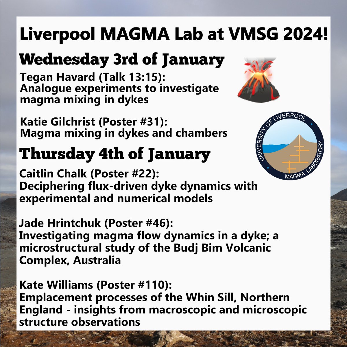 The MAGMA lab are at @vmsg_uk in Bristol this week! We have a selection of talk/posters from Tegan, Katie, Caitlin, Jade (@Basaltically) and Kate (@KWilliams_1996) sharing their work on magma flow/mixing, and crystal alignment in dykes/sills🌋 See below for details! #VMSG2024