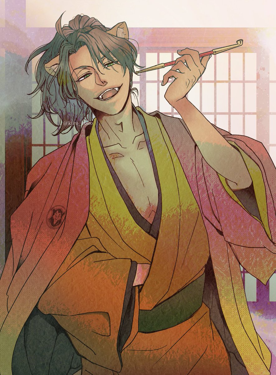 1boy male focus japanese clothes animal ears smoking pipe kimono fangs  illustration images