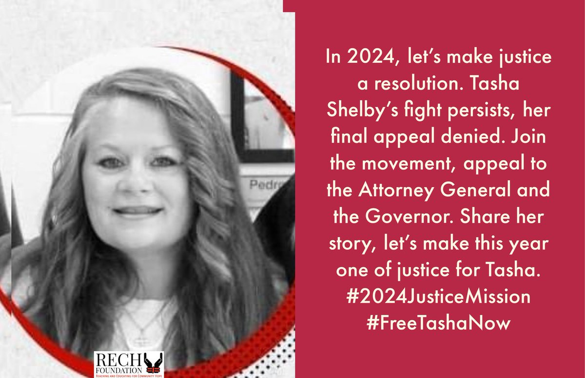 In 2024, let's make justice a resolution. Tasha Shelby's fight persists, her final appeal denied. Join the movement, appeal to the Attorney General and the Governor. Share her story, let's make this year one of justice for Tasha. #2024JusticeMission #FreeTashaNow