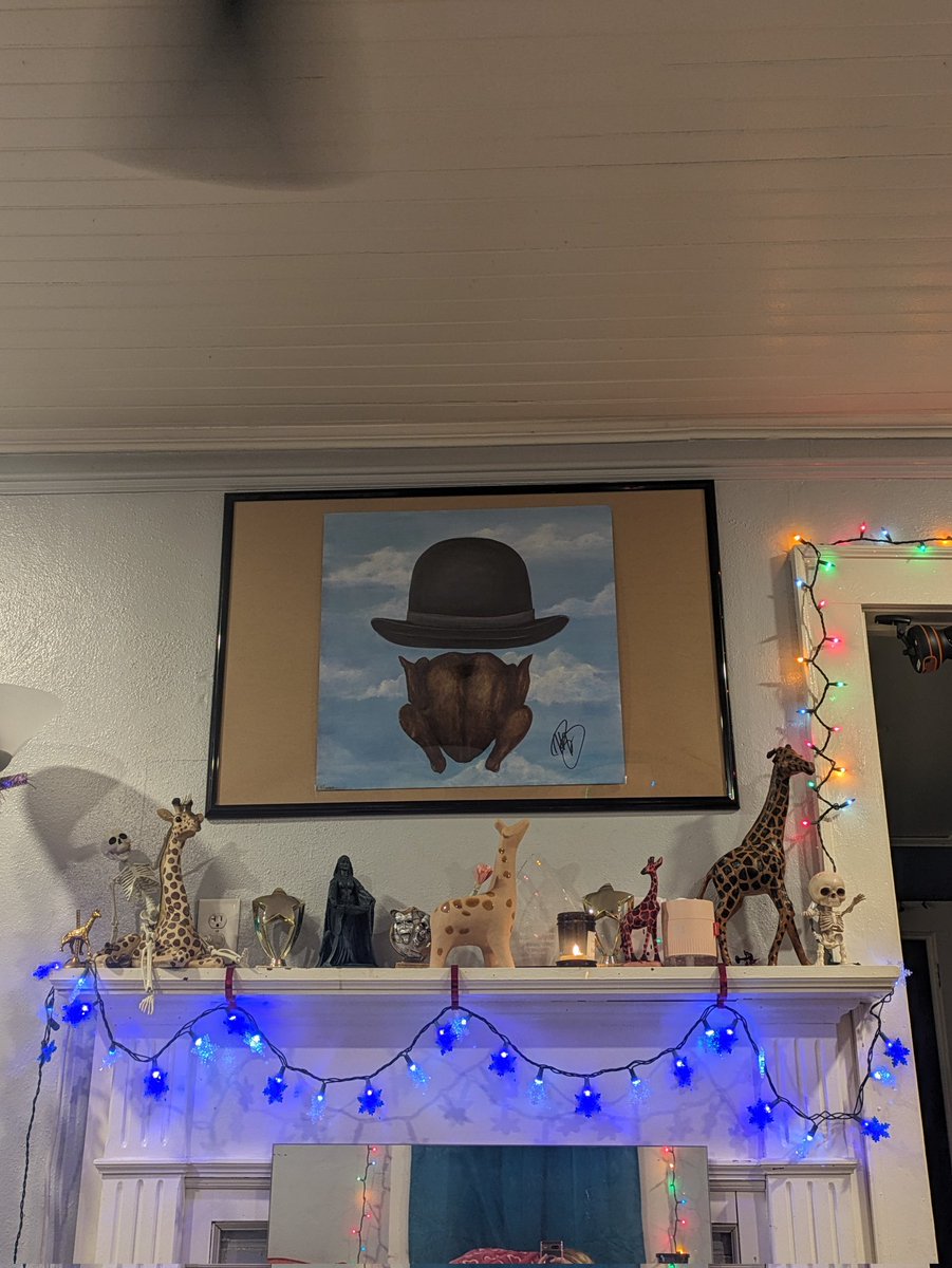 ToWineOrNot's tweet photo. I've had this @altonbrown signed poster for FOUR YEARS and I finally put it up (after moving over two years ago) and the only comment I got was from my sister saying "that chicken has a top hat" 💀 also don't judge my frame decisions, it's really hard to find a frame for a 24x24. https://t.co/cFWPnzvDh7