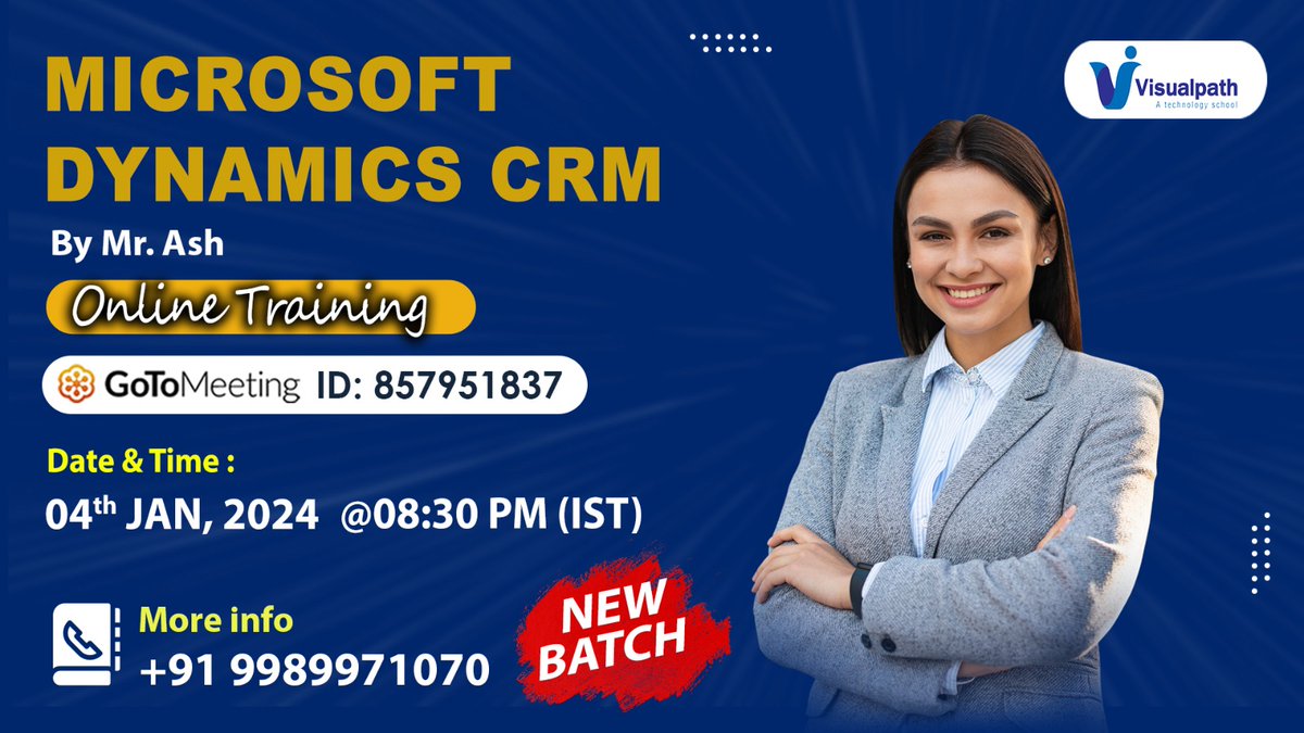 VisualpathPro's tweet image. Join Now: bit.ly/48jtsbk
We are starting a New Batch on #MicrosoftDynamicsCRM by Mr. Ash
Batch on : 4th January @ 8:30 PM IST
Contact Us: +91 9989971070.
Join us on Telegram: t.me/+bEu9LVFFlh5iO…
Join us on WhatsApp: bit.ly/47eayBz
Visit:…