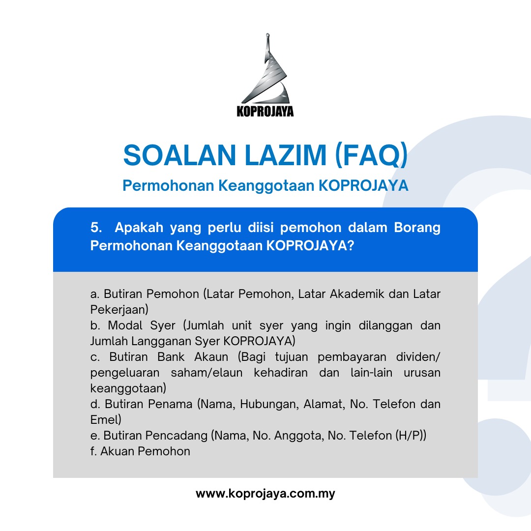 Koprojaya's tweet photo. PERMOHONAN KEANGGOTAAN KOPROJAYA KINI DIBUKA Ketahui Soalan Lazim tentang Permohonan Keanggotaan KOPROJAYA di sini. Untuk memohon, sila layari laman web KOPROJAYA di https://t.co/J0zTB0FJ7D https://t.co/ItJ7KNpRtV