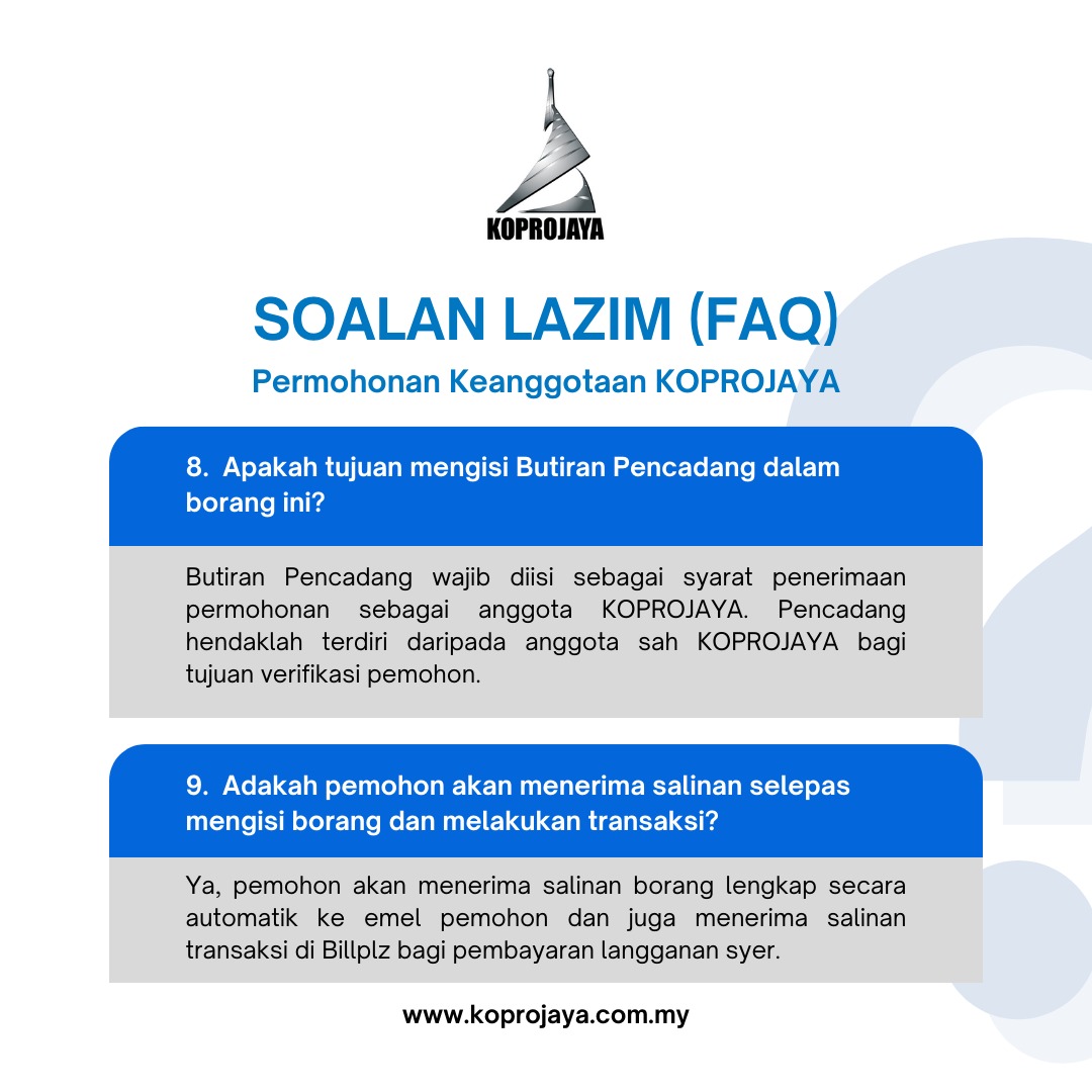 Koprojaya's tweet photo. PERMOHONAN KEANGGOTAAN KOPROJAYA KINI DIBUKA Ketahui Soalan Lazim tentang Permohonan Keanggotaan KOPROJAYA di sini. Untuk memohon, sila layari laman web KOPROJAYA di https://t.co/J0zTB0FJ7D https://t.co/wPy35GiTGz