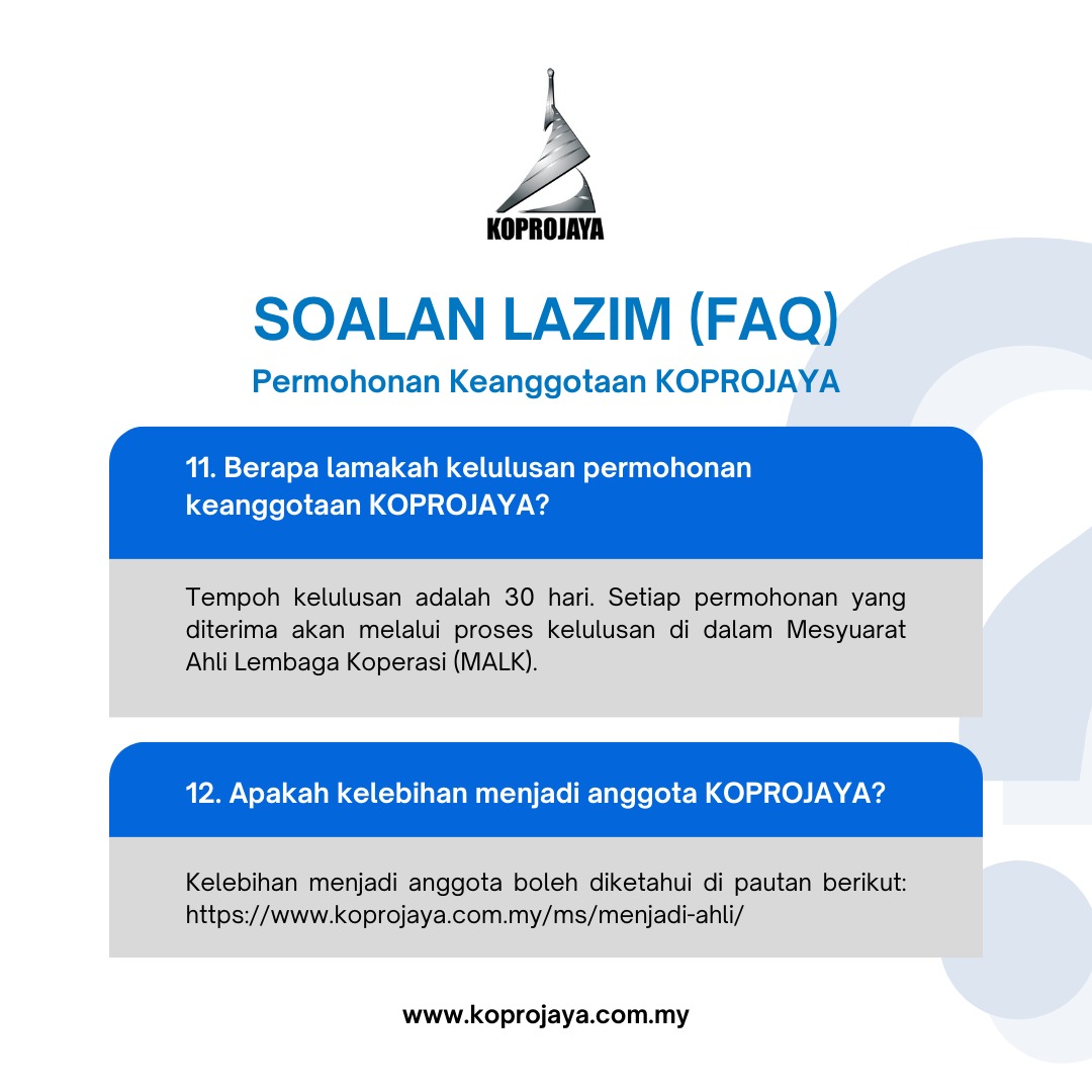Koprojaya's tweet photo. PERMOHONAN KEANGGOTAAN KOPROJAYA KINI DIBUKA Ketahui Soalan Lazim tentang Permohonan Keanggotaan KOPROJAYA di sini. Untuk memohon, sila layari laman web KOPROJAYA di https://t.co/J0zTB0FJ7D https://t.co/wPy35GiTGz