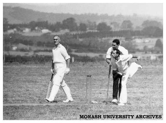 Towards the end of @MonashUni's first year in 1961 the first cricket match on campus took place, with the Vice-Chancellor's team taking on the students who won by six runs! Here you can see our first Vice-Chancellor, Louis Matheson, participating.