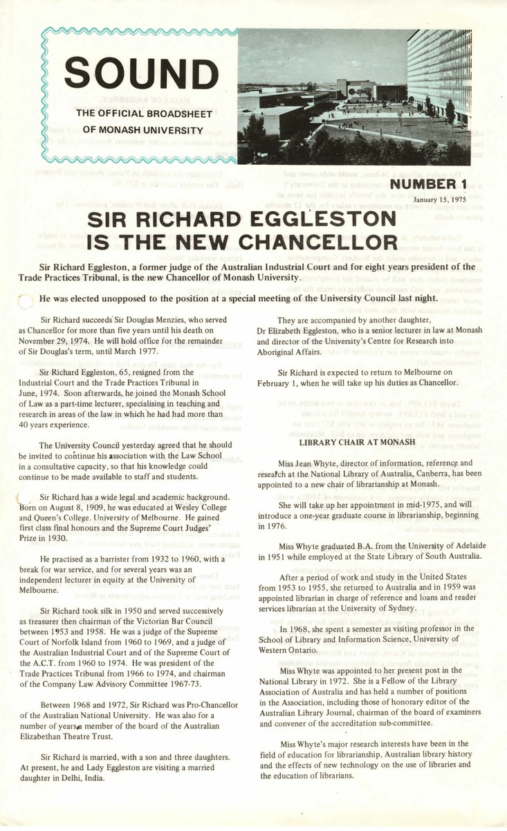 This week in 1975, Sir Richard Eggleston was elected as @MonashUni Chancellor following the death of Sir Douglas Menzies in office the previous November. A former judge and then lecturer at Monash Law, Sir Richard served as Chancellor for eight years until 1983.
