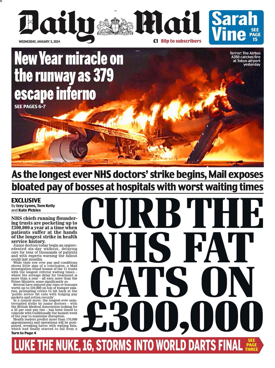 🇬🇧 Curb The NHS Fat Cats On £300,000 ▫As the longest ever NHS doctors' strike begins, Mail exposes bloated pay of bosses at hospitals with worst waiting times ▫@LyonsIzzy @Tomreporter @kate_pickles ▫tinyurl.com/ysn3lunh 🇬🇧 #frontpagestoday #UK @DailyMailUK