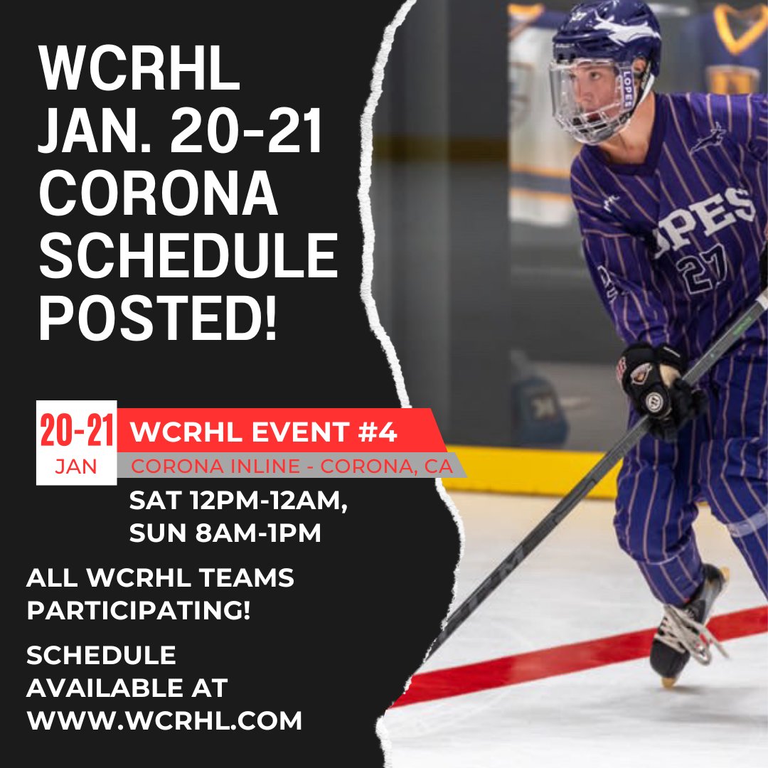 Schedule posted for WCRHL Regular Season Event #4 - January 20-21, 2024 at Corona Inline in Corona, CA! All WCRHL teams participating!

Schedule available at wcrhl.com

#CollegeRollerHockey
#RollerHockey
#InlineHockey
#CollegeHockey
#Hockey