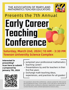 marylandMTEs's tweet photo. 📢📢Calling all early career Maryland math teachers (Preservice- year 5)!

The Early Career Teaching Conference (ECTC) proposals are due January 7th. Submit your ideas today https://t.co/Jur75xpk6g

The 7th annual ECTC will be held at Towson University on Sat. March 2nd. https://t.co/Gge18u1deD