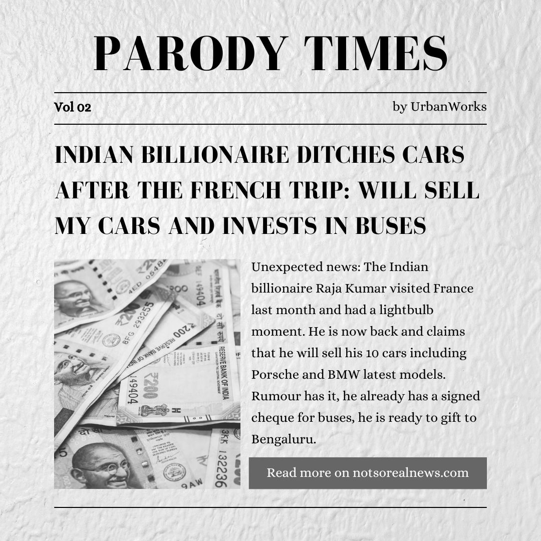 TheUrbanWorks's tweet photo. 📰 Welcome to the second edition of Parody Times, where we give you a much-needed dose of sarcasm. Or, in this case, wishful thinking!
.
#trafficcongestion #decongestion #buses #India #bus4us #bus4all https://t.co/nU60Dqo9wr