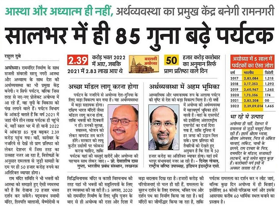 #UPCM श्री <a href="/myogiadityanath/">Yogi Adityanath</a> जी के नेतृत्व में सजती-संवरती सरयू नगरी आस्था और अध्यात्म के साथ प्रदेश-देश की अर्थव्यवस्था का भी प्रमुख केंद्र बनेगी।

भव्य मंदिर में प्रभु श्रीराम की प्राण प्रतिष्ठा होने के साथ ही उत्तर प्रदेश में पर्यटन को पंख लगने वाले हैं। वर्ष 2021 में जहां 2.75