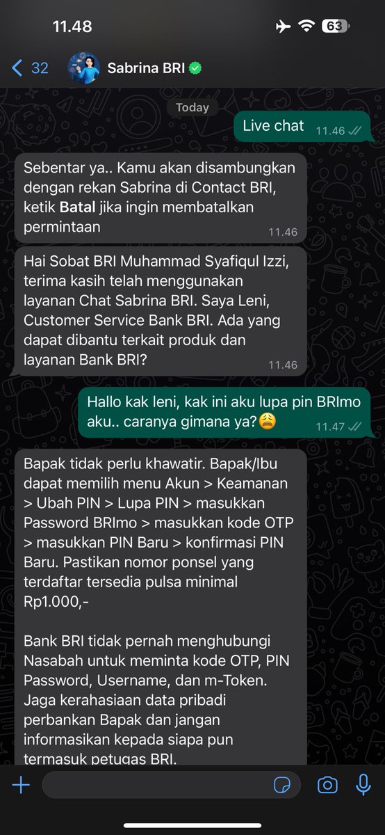 muhammsya48's tweet photo. #FyiFreen aku ada kendala lupa pin BRImo aku, auto chat Sabrina @BANKBRI_ID dong dan ini responsive bgt🫶 aaaa se love itu sama Bank BRI yang memudahkan nasabah👑 https://t.co/6LuAf4aqSs