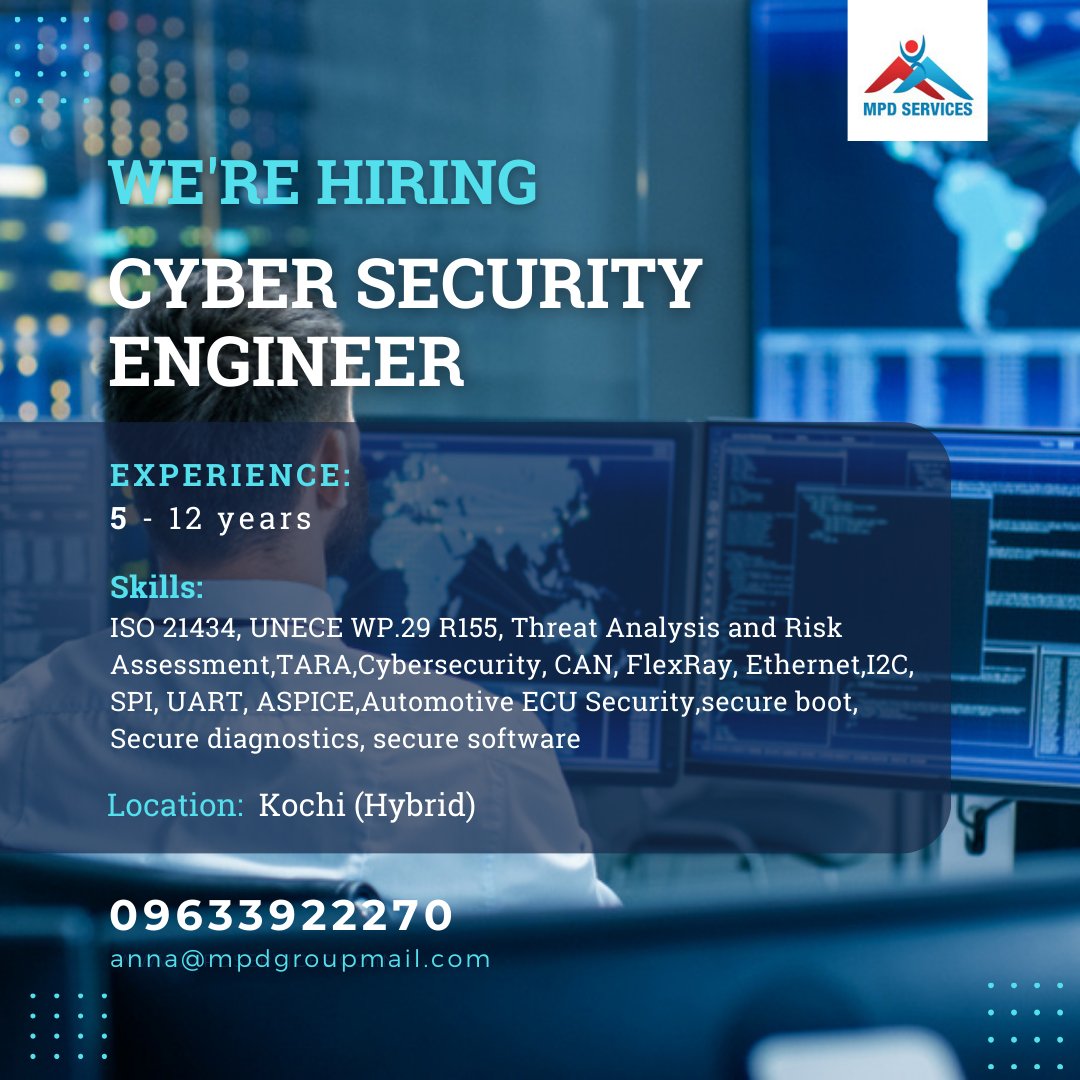 MPDSERVICES's tweet image. We are hiring... 
Cyber Security  Engineer
#cybersecurity #security #securityengineer 
#hiring #hiringnow #hiringalert #engineer #functionalsafetyengineer #applynow #job #itjobs #itjobsearch