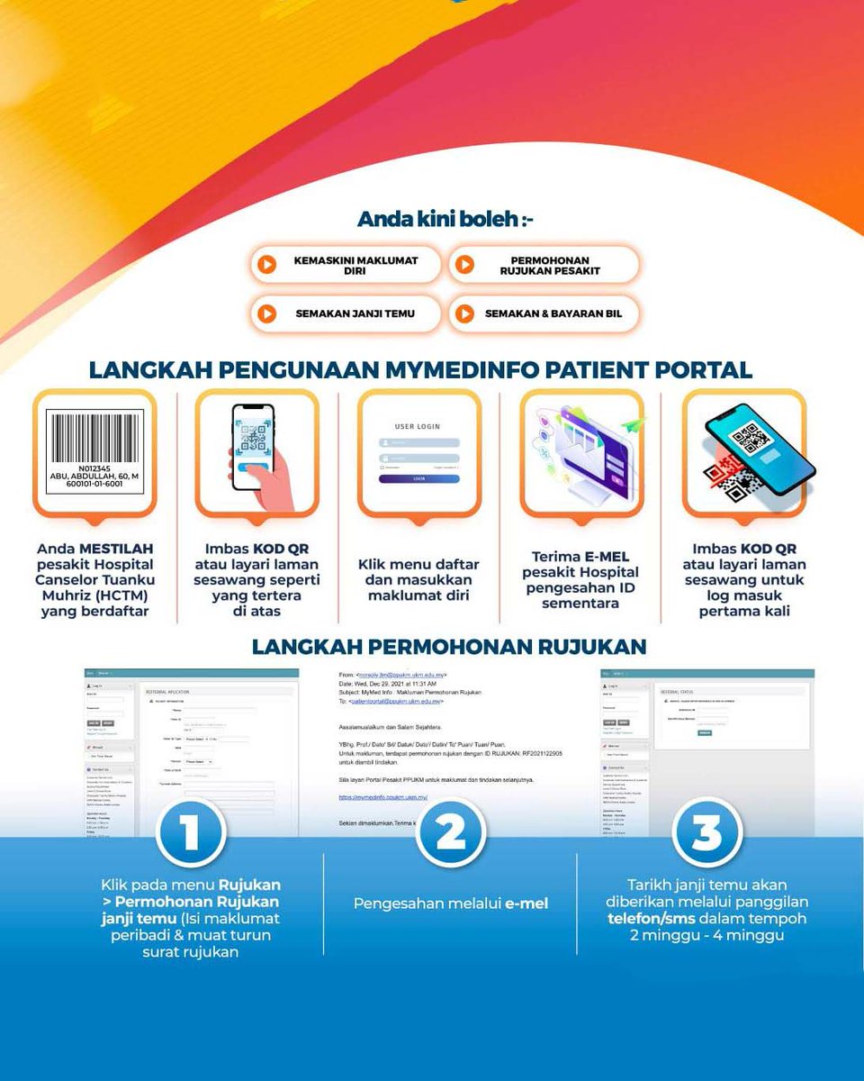 hctm_ukm's tweet photo. Sistem MyMed Patient Portal merupakan sistem untuk pesakit yang mendapatkan rawatan di HCTM untuk membuat semakan janji temu, kemaskini maklumat pesakit & bil hospital. Permohonan rujukan di HCTM juga boleh dibuat melalui sistem ini.
#HCTM #UKM #BetterFasterFriendlier https://t.co/jILinAX7MM
