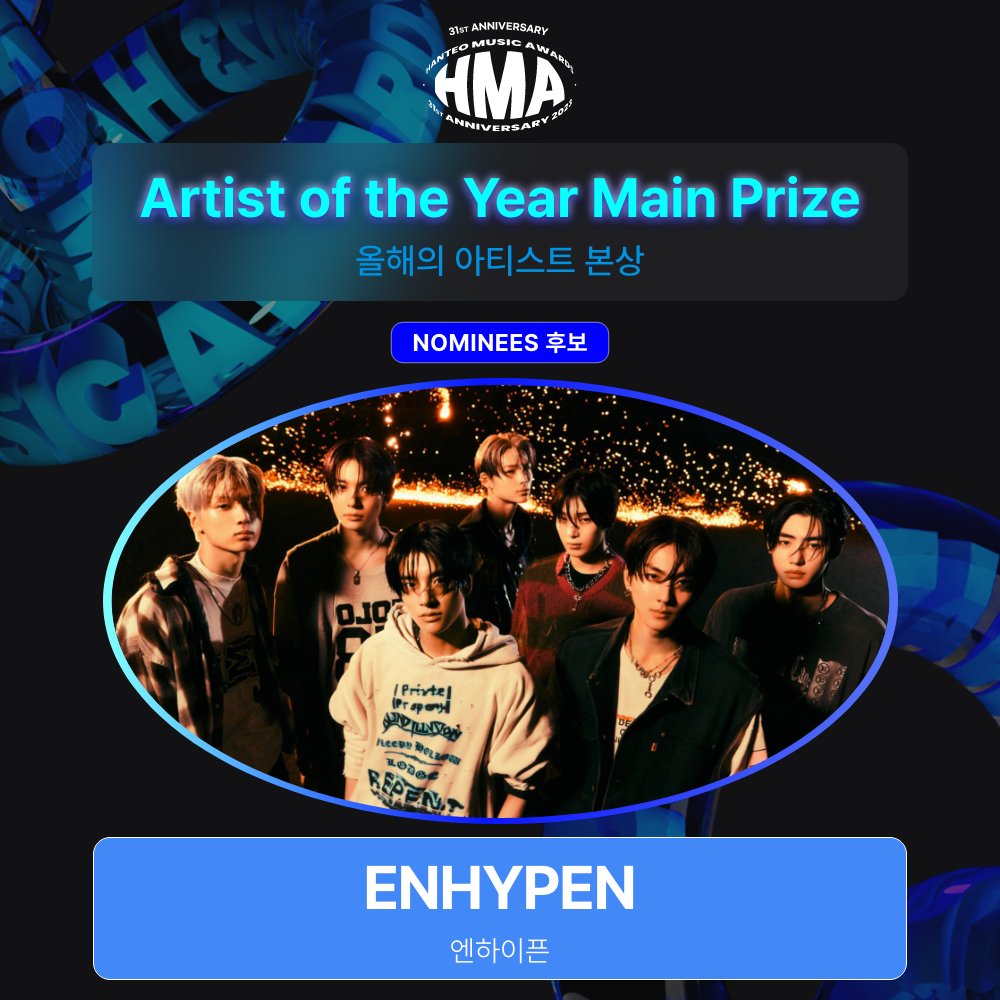 #31주년한터뮤직어워즈2023 후보자 공개 Nominations are open! 🏆올해의 아티스트 본상 Artist of the Year Main Prize #ENHYPEN #엔하이픈 @ENHYPEN 투표 기간 (Voting period) : 2024. 1. 4 - 1. 17 (KST) 투표 Vote 🗳 bit.ly/4aihfVx #한터뮤직어워즈 #31st_HMAs_2023