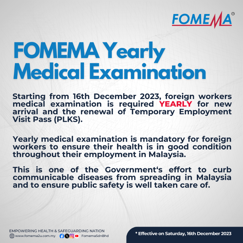 FOMEMASdnBhd's tweet photo. FOMEMA Yearly Medical Examination

Starting from 16th December 2023, foreign workers medical examination is required Yearly for new arrival and the renewal of Temporary Employment Visit Pass (PLKS).

#FOMEMA #KKM #JIM #foreignworker #medicalexamination #pekerjaasing #plks